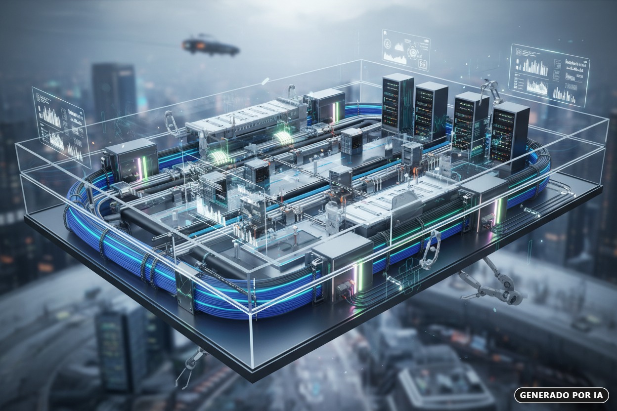 Generada por IA: Una plataforma tecnológica flotante con servidores y cables de fibra óptica se encuentra suspendida sobre una ciudad futurista con interfaces de datos holográficas.
