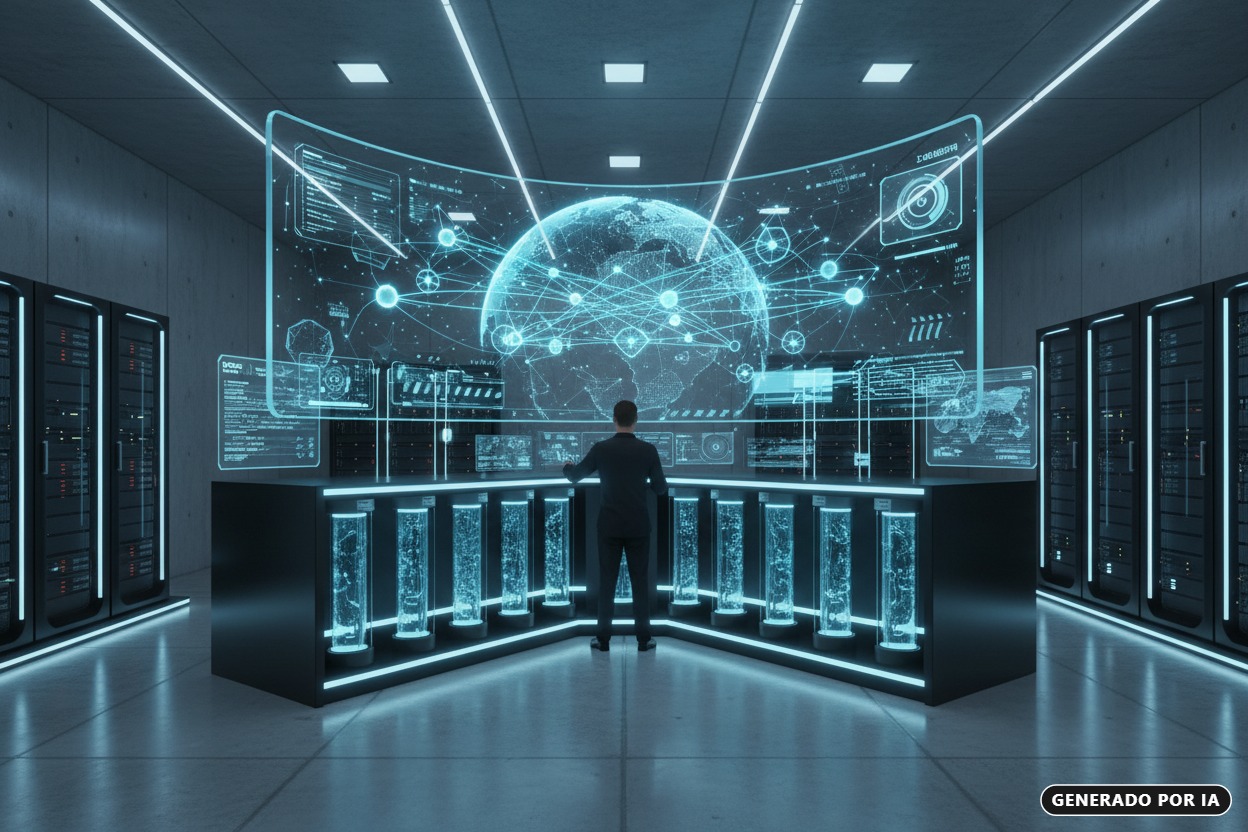 Generada por IA: Un técnico trabaja frente a una consola de control con pantallas holográficas que muestran datos globales en un centro de datos moderno.